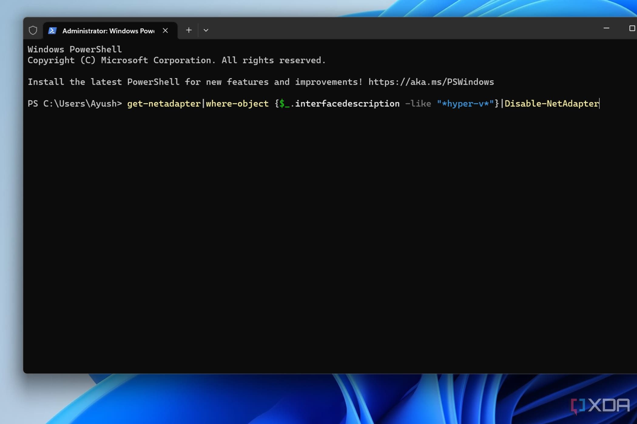 Una captura de pantalla que muestra el comando para deshabilitar los adaptadores de red de Hyper-V.