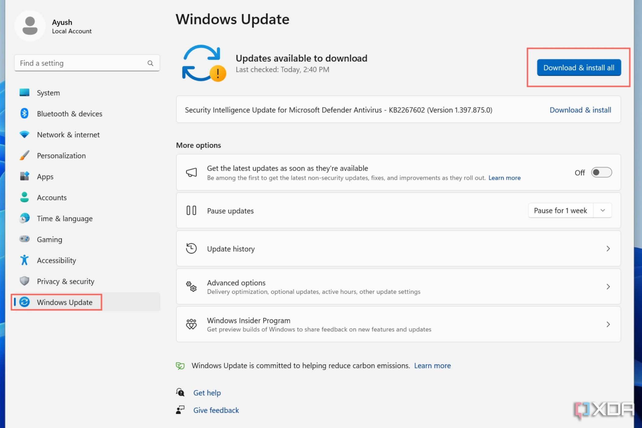 A screenshot depicting the procedure to install Windows updates.
