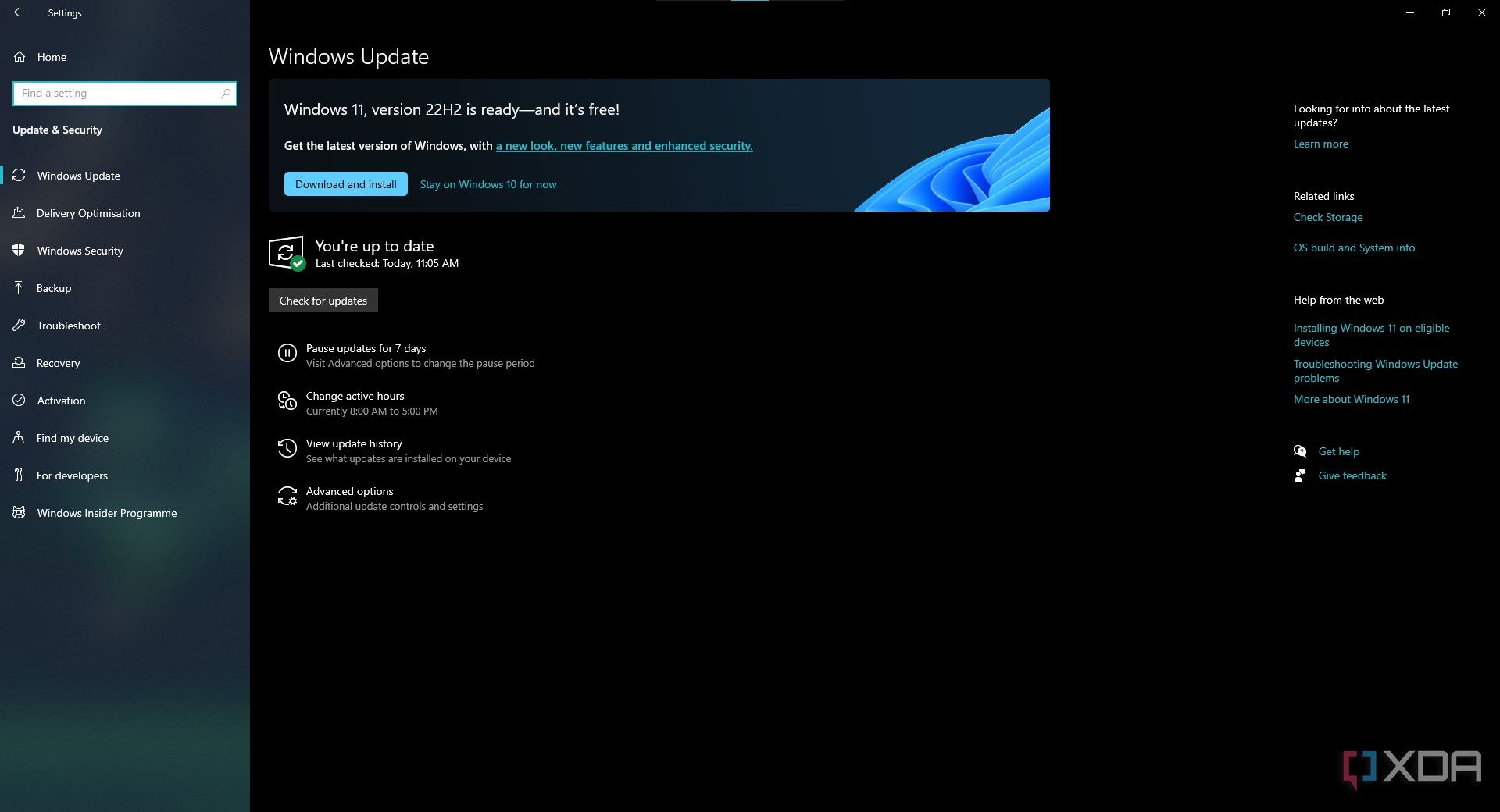 Screenshot of Windows Update in Windows 10 showing an update to Windows 11 version 22H2 is available