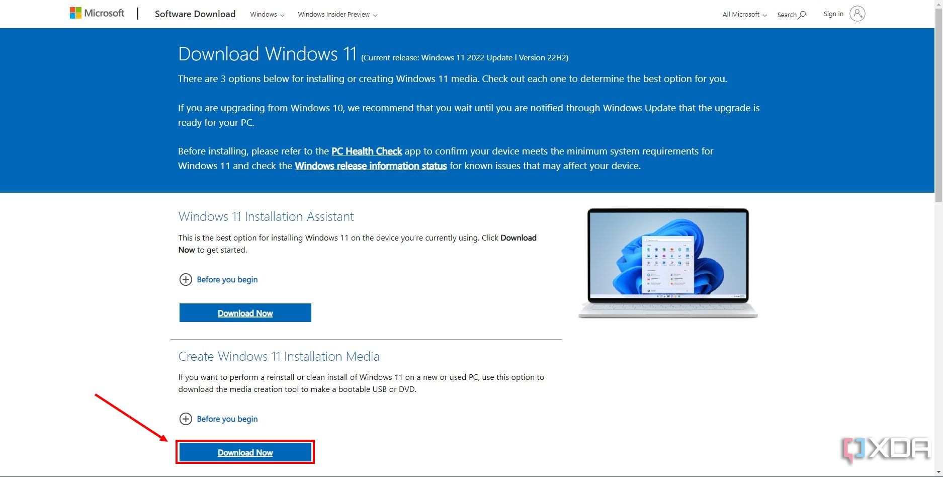 Screenshot of the Windows 11 download page with the Download Now button highlighted under Create Windows 11 Installation Media