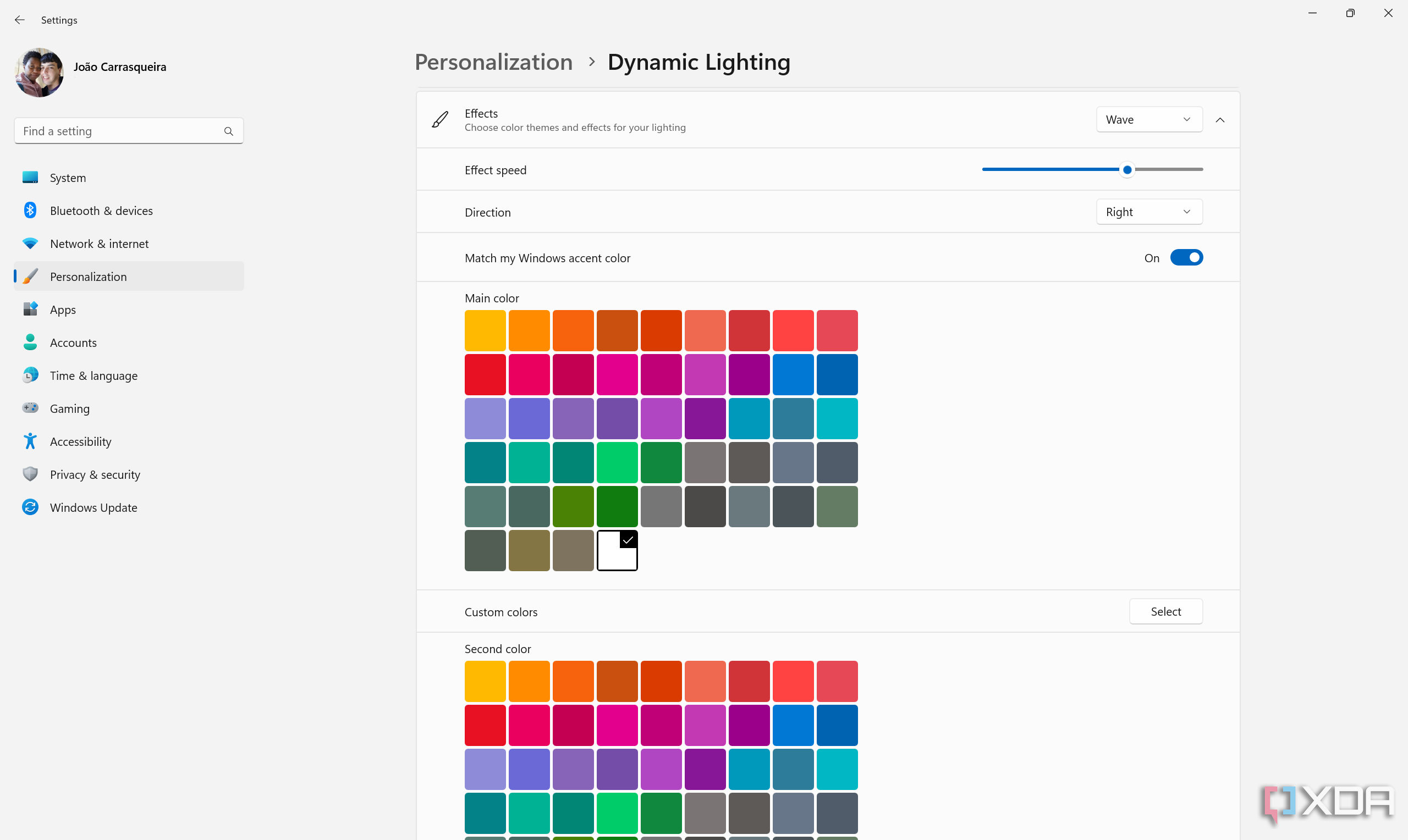 Screenshot of color effect settings for Dynamic Lighting in Windows 11