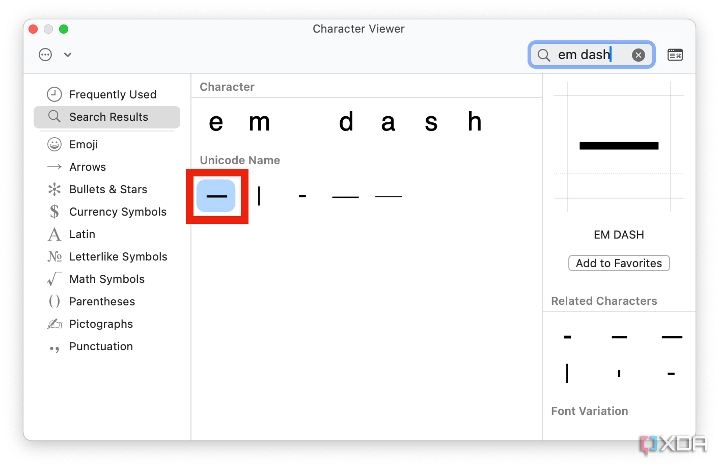 An em dash in the Keyboard Input menu.