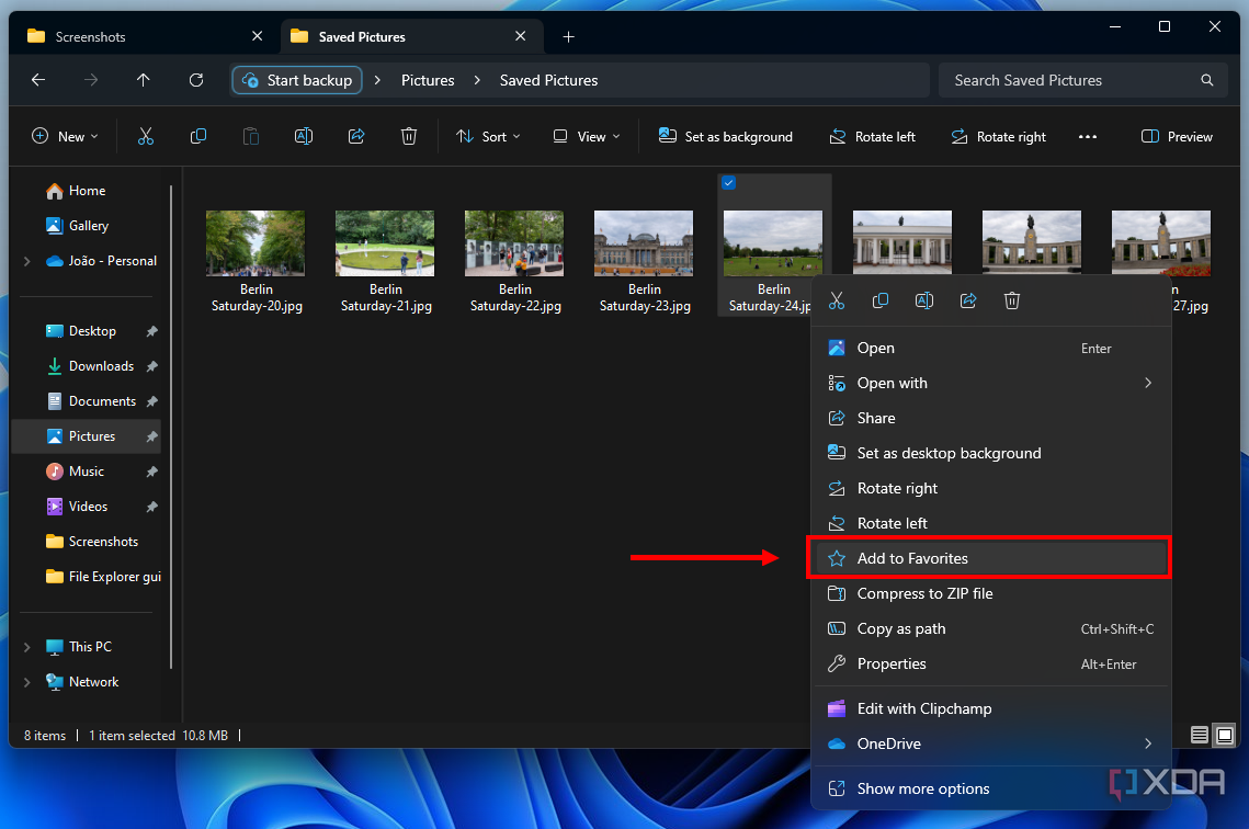 Снимок экрана Проводника в Windows 11 с выделенной кнопкой «Добавить в избранное»