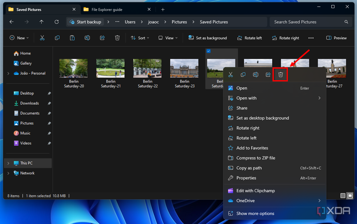 Снимок экрана Проводника в Windows 11 с кнопкой «Удалить», выделенной в контекстном меню
