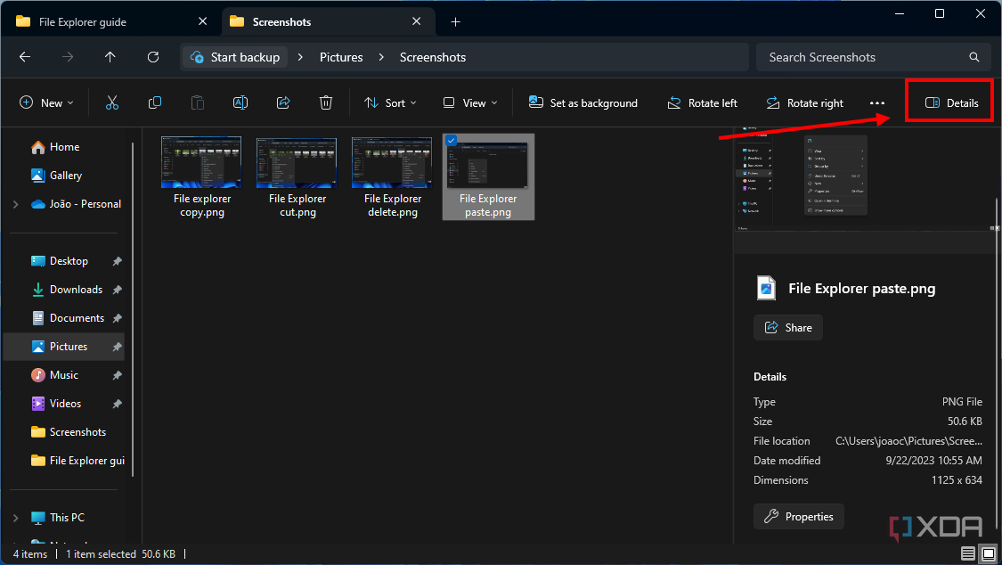 Снимок экрана Проводника в Windows 11 с включенной панелью сведений