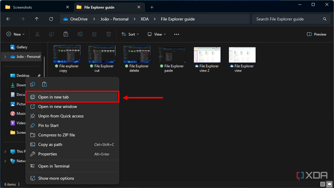 Снимок экрана проводника в Windows 11 с кнопкой «Открыть в новой вкладке», выделенной в контекстном меню