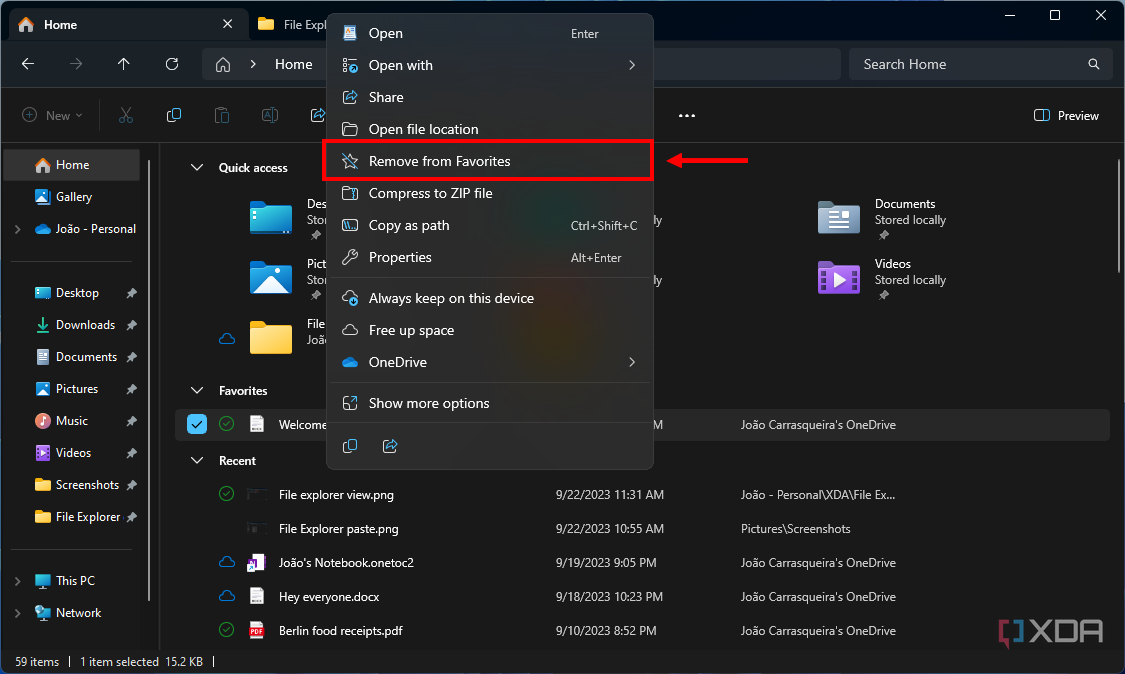 Снимок экрана проводника в Windows 11 с выделенной кнопкой «Удалить из избранного»