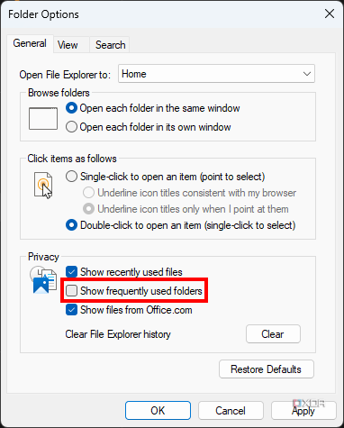 Снимок экрана с параметрами проводника в Windows 11 с отключенной опцией отображения часто используемых папок.