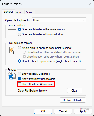 Снимок экрана: параметры проводника в Windows 11 с отключенной опцией «Показать файлы Office.com»