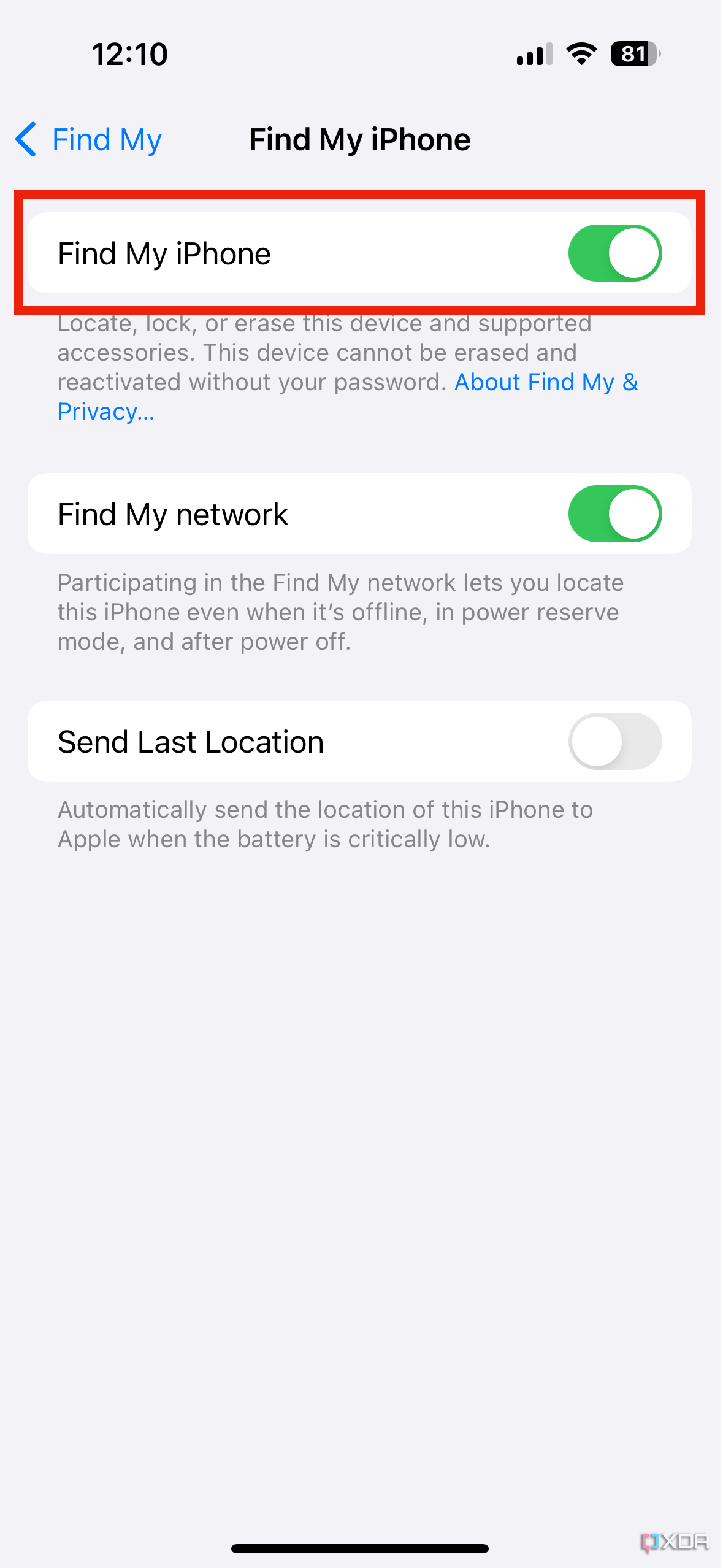 The Find My iPhone toggle in iOS 17 settings.