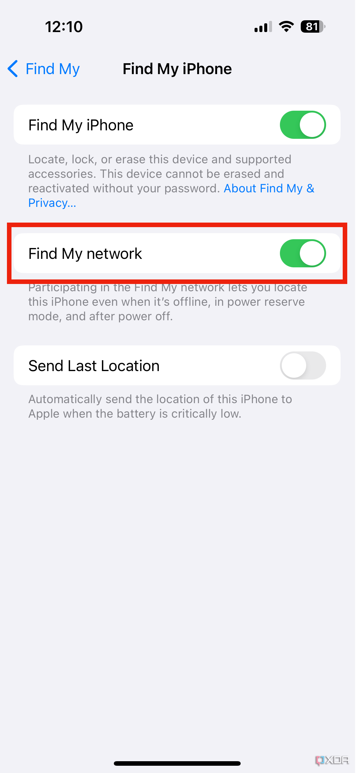 The Find My network toggle in iOS 17 settings.