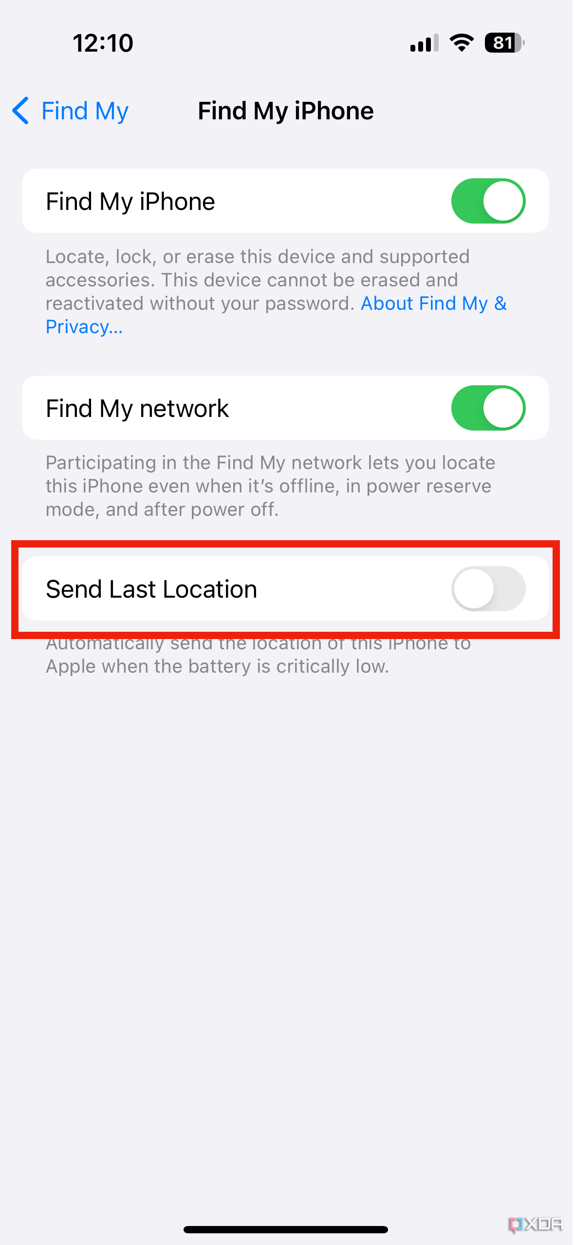 The Send Last Location toggle in Find My settings.