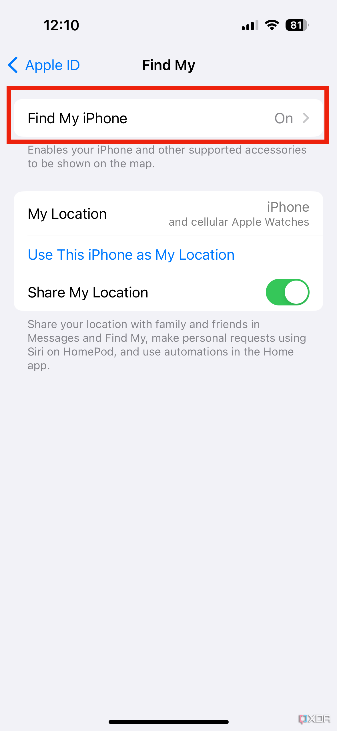 The Find My settings tab in iOS 17.