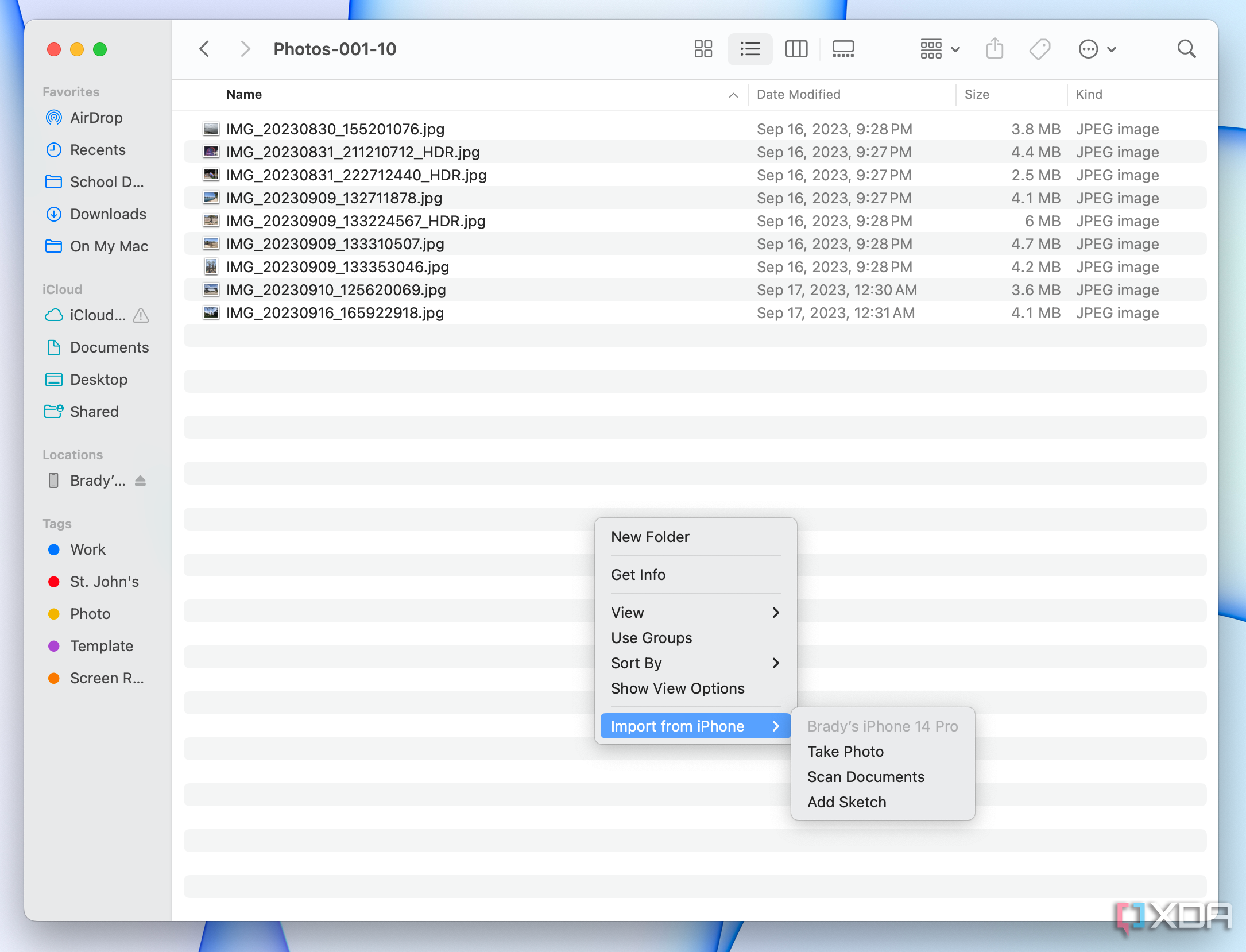Uploading a document in Continuity Cam in Finder.