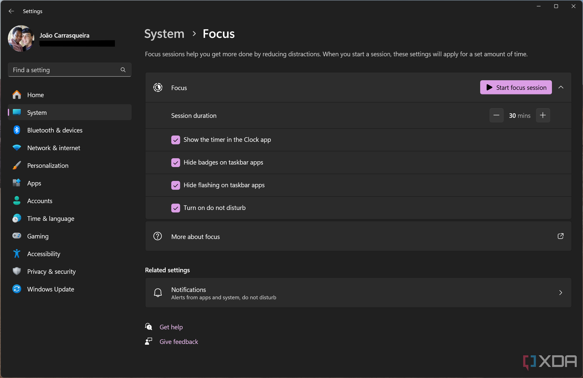 Captura de pantalla de la configuración de FOcus en la página de configuración de Windows 11