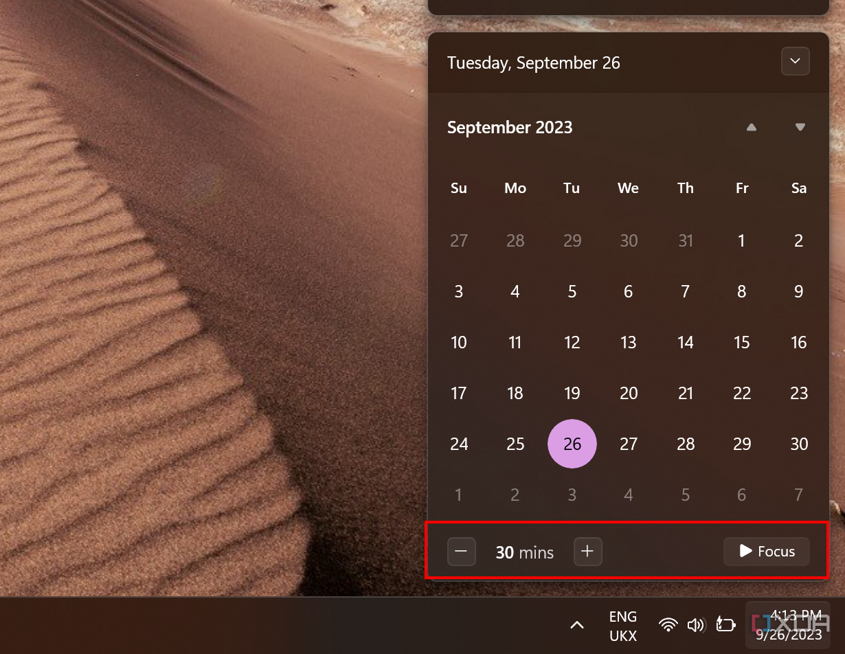 Captura de pantalla del temporizador de sesiones de Focus en el centro de notificaciones de Windows 11