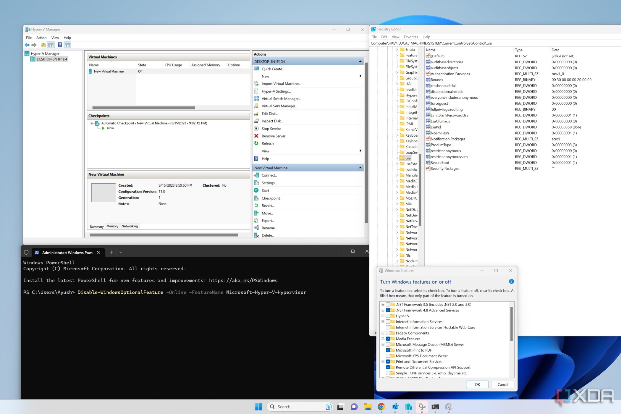 A screenshot depicting most of the methods to disable Hyper-V in Windows 11