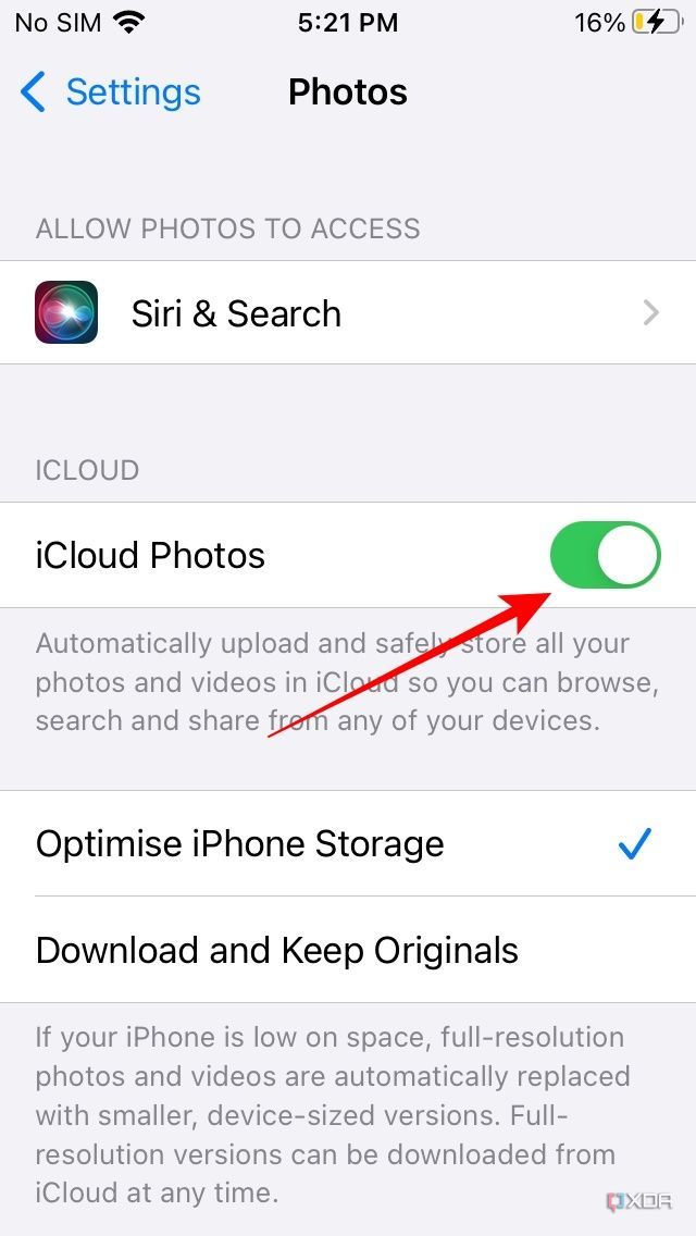 iCloud photos toggle on in photos settings iOS