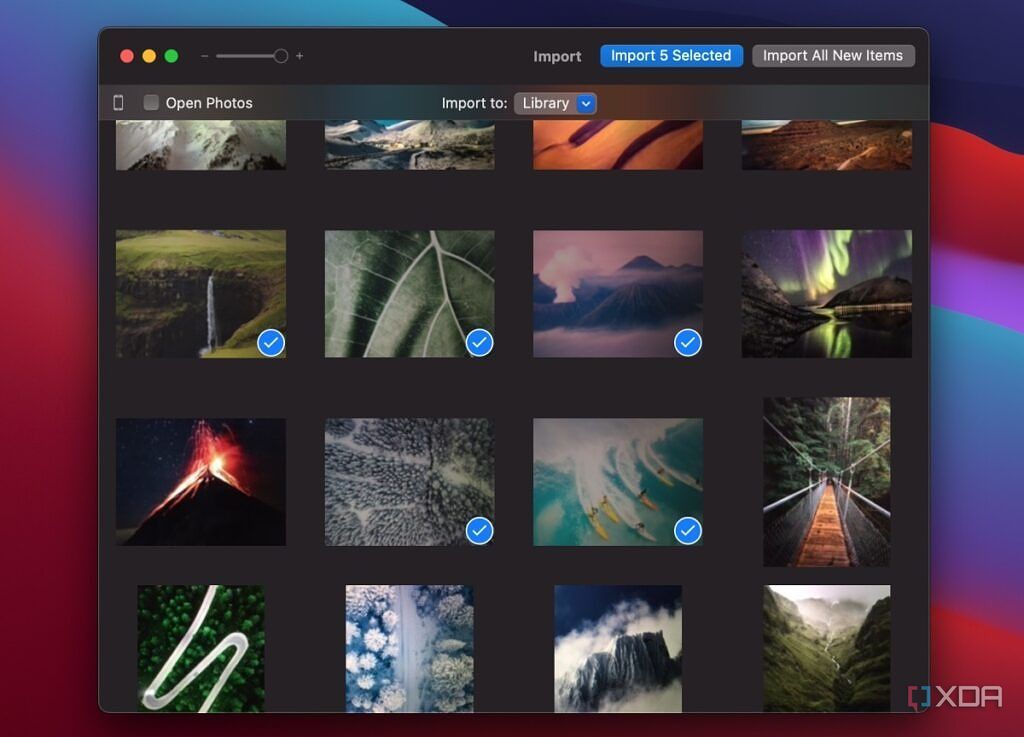 photos app on macOS with selected photos, with buttons to import at the top