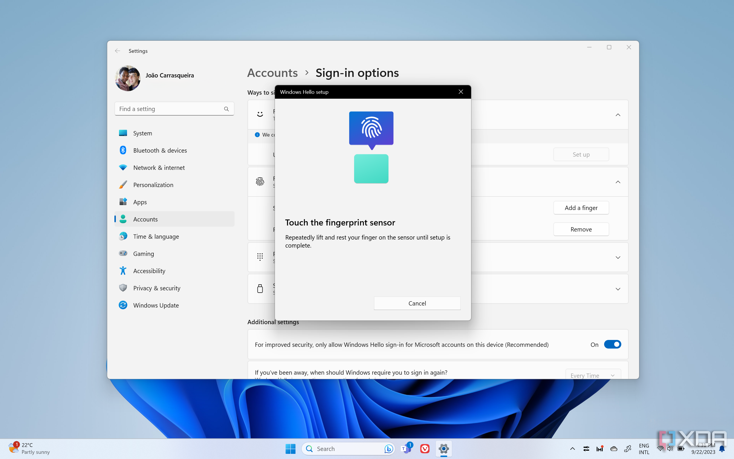 Screenshot of a Windows 11 desktop with the Settings app open and displaying the Windows Hello setup process