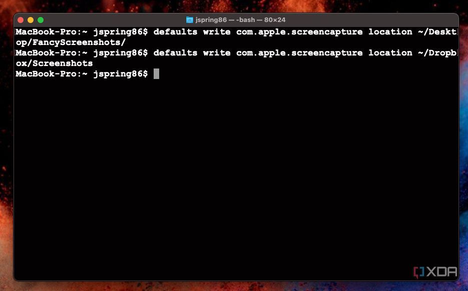 Using Terminal commands on Mac to change the default location of screenshots.