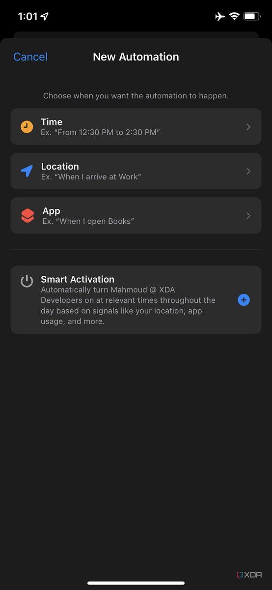 adding an automation to a focus mode, such as time, location, app, or smart activation
