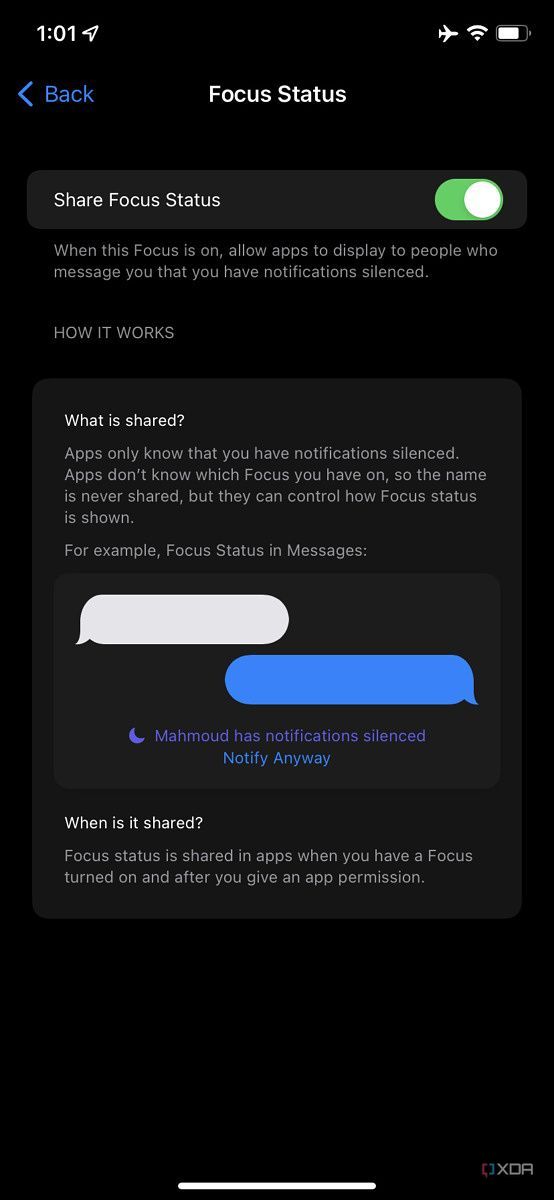 share focus status with other apps settings