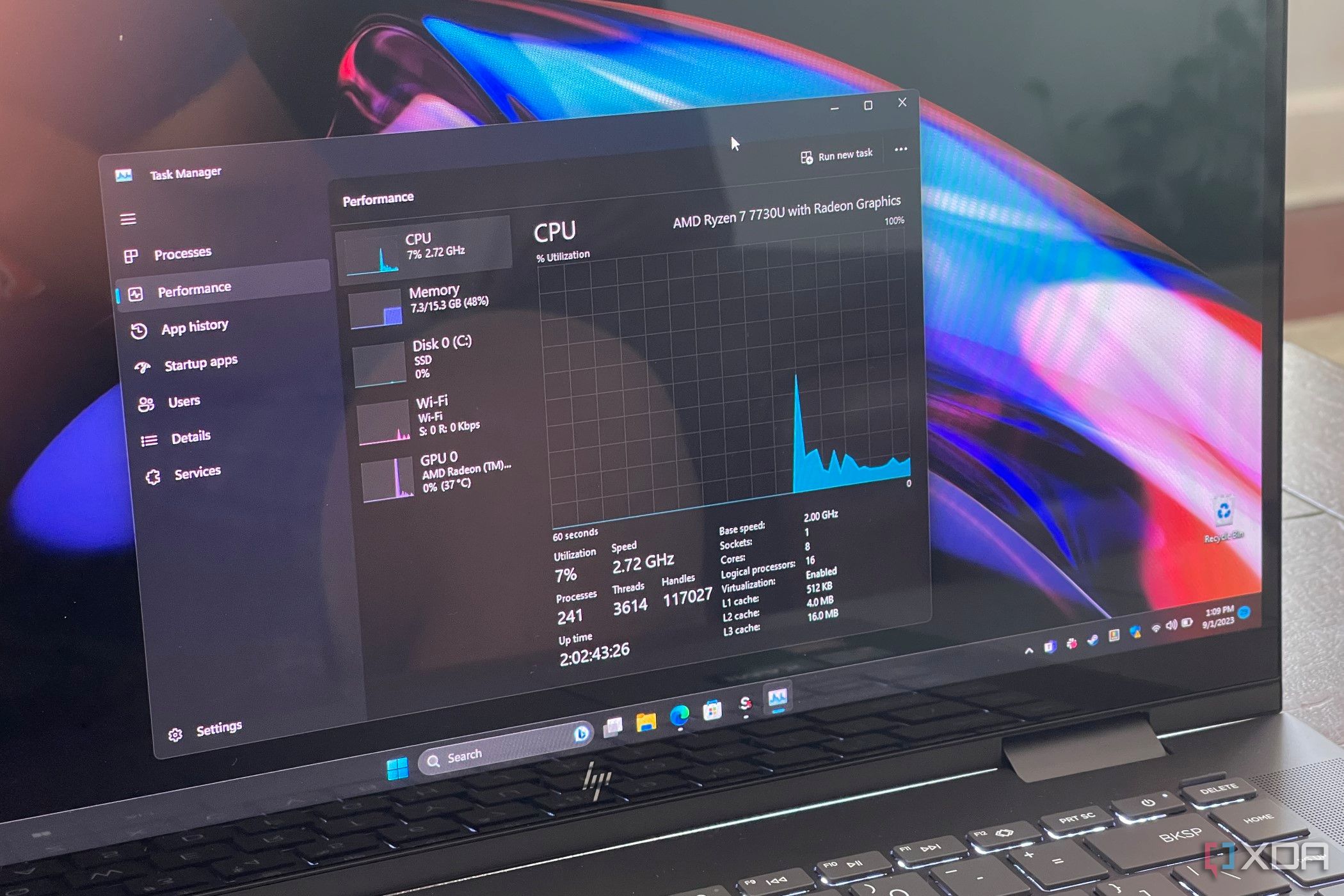 Administrador de tareas que muestra la CPU HP Envy x360 15.6 2023