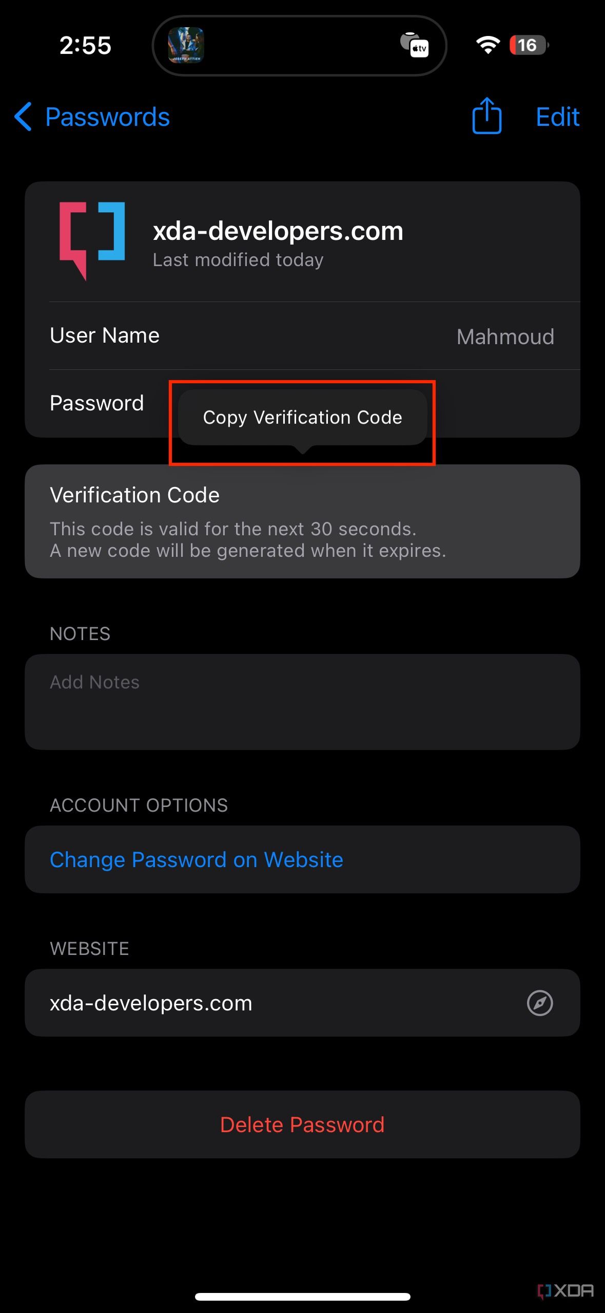 Opción de copiar el código de verificación en la configuración de iOS