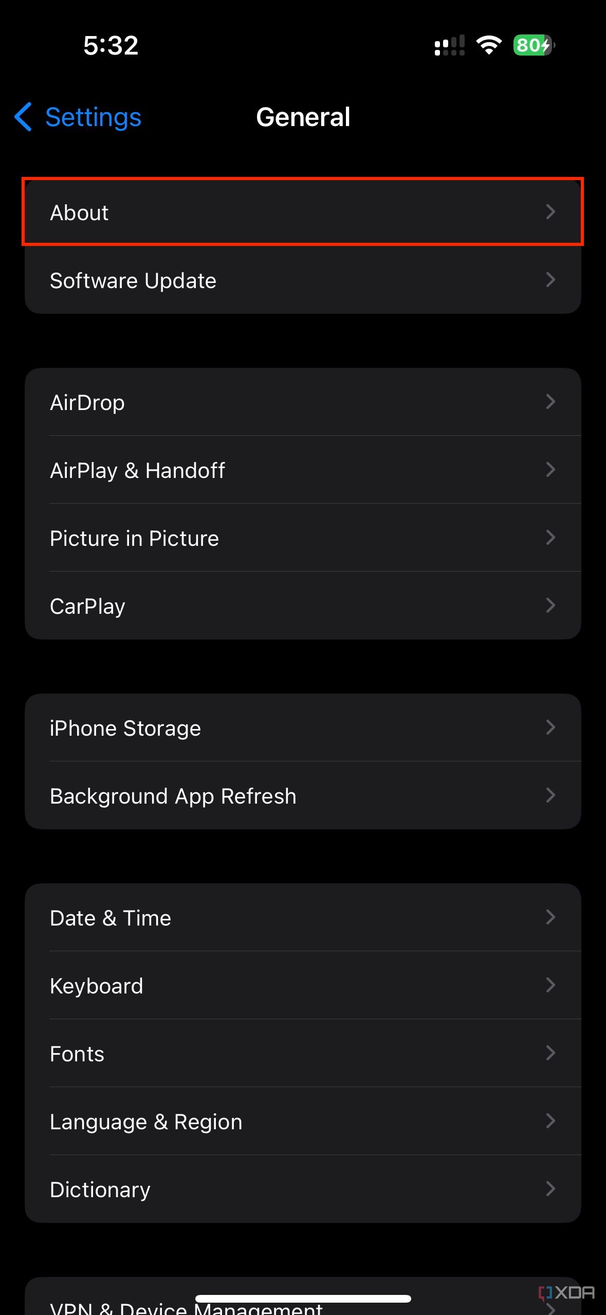 about section in iOS general settings