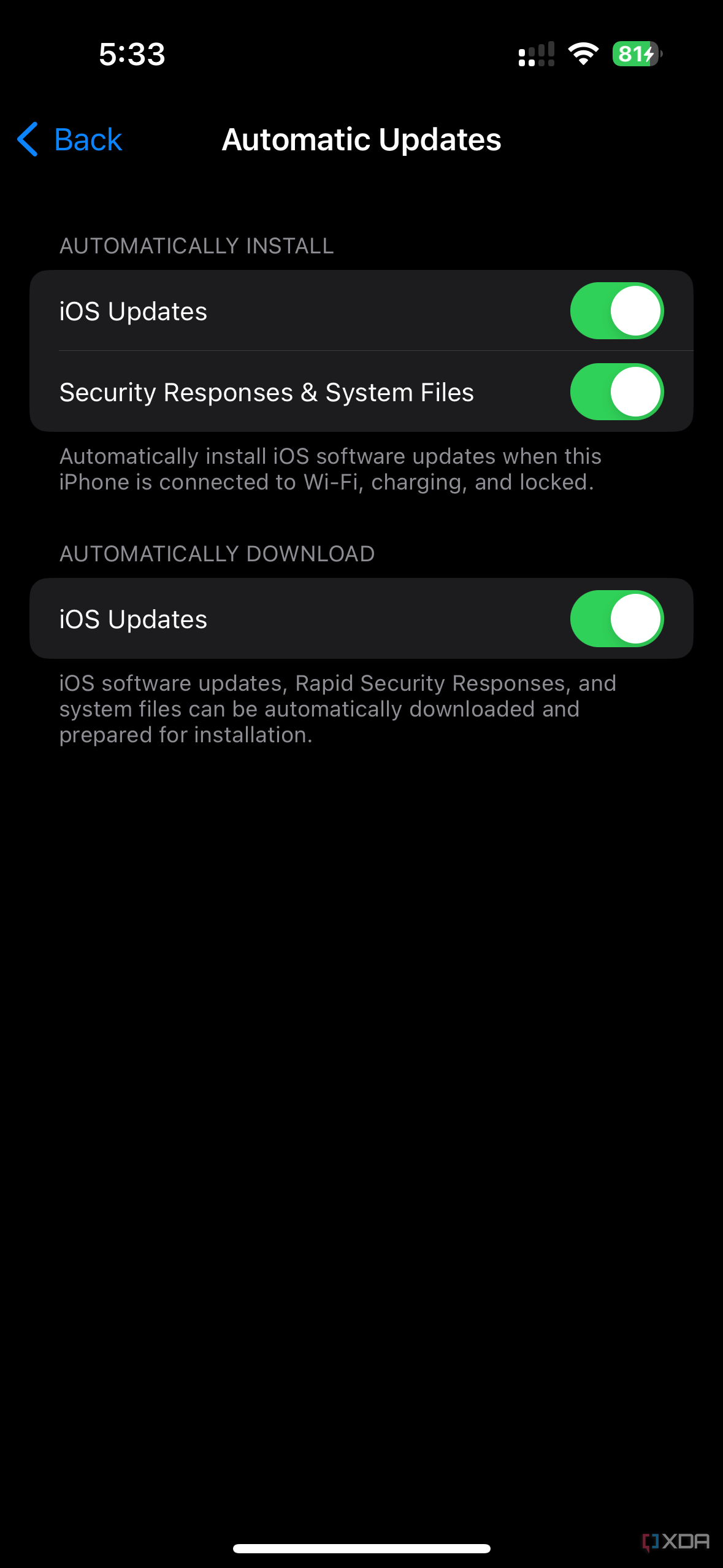 automatic updates settings on iOS 