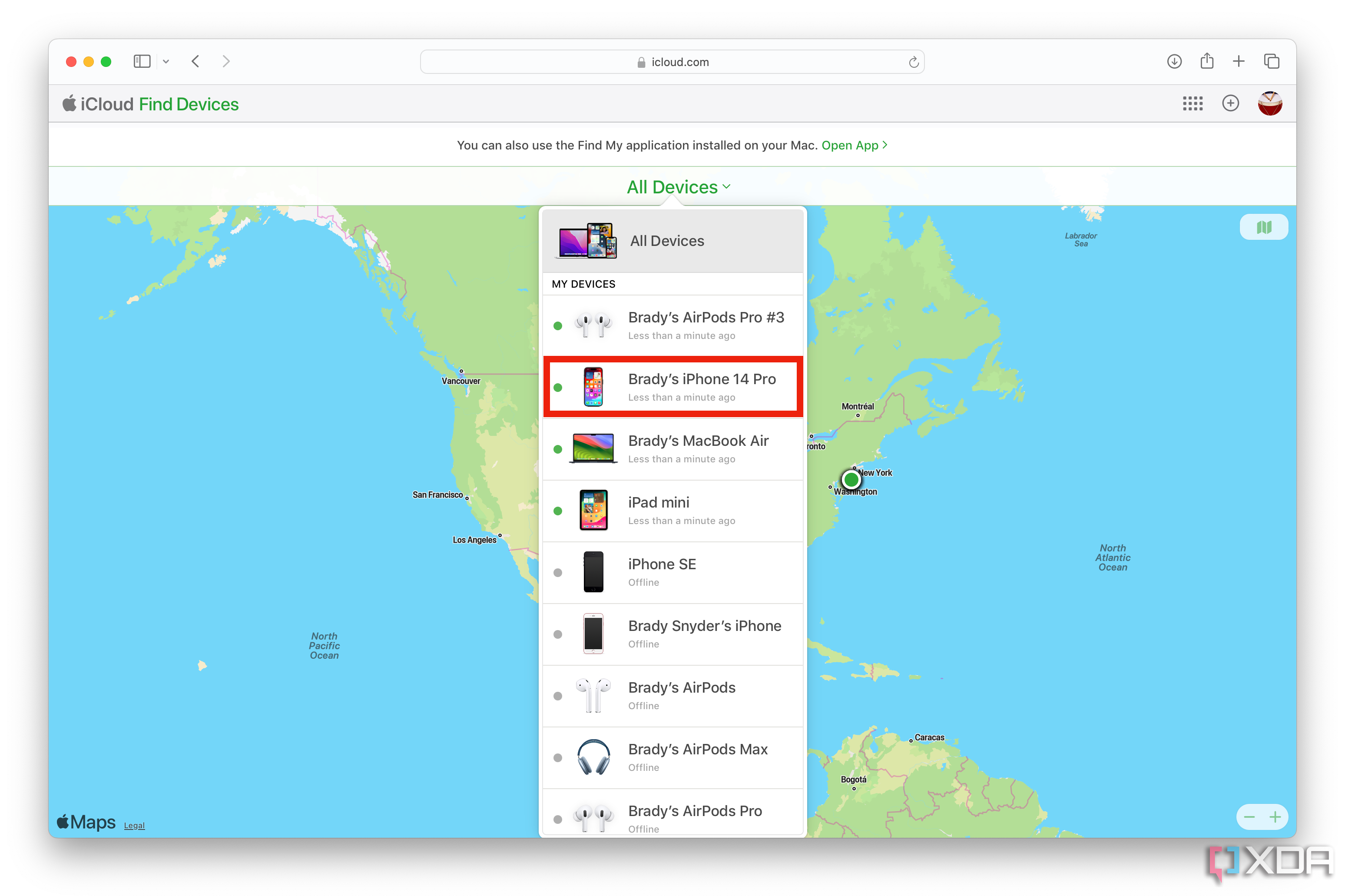The Find My device list in iCloud for web.