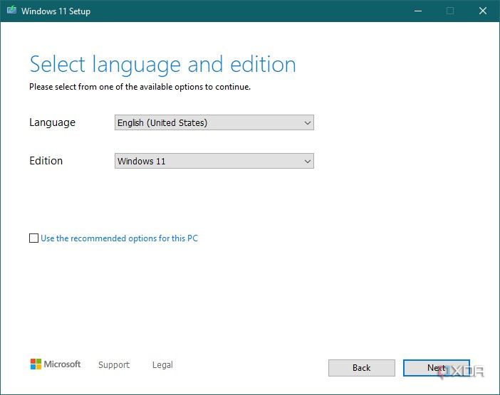Screenshot of language and edition settings for  Windows 11 installation media in the Media Creation Tool