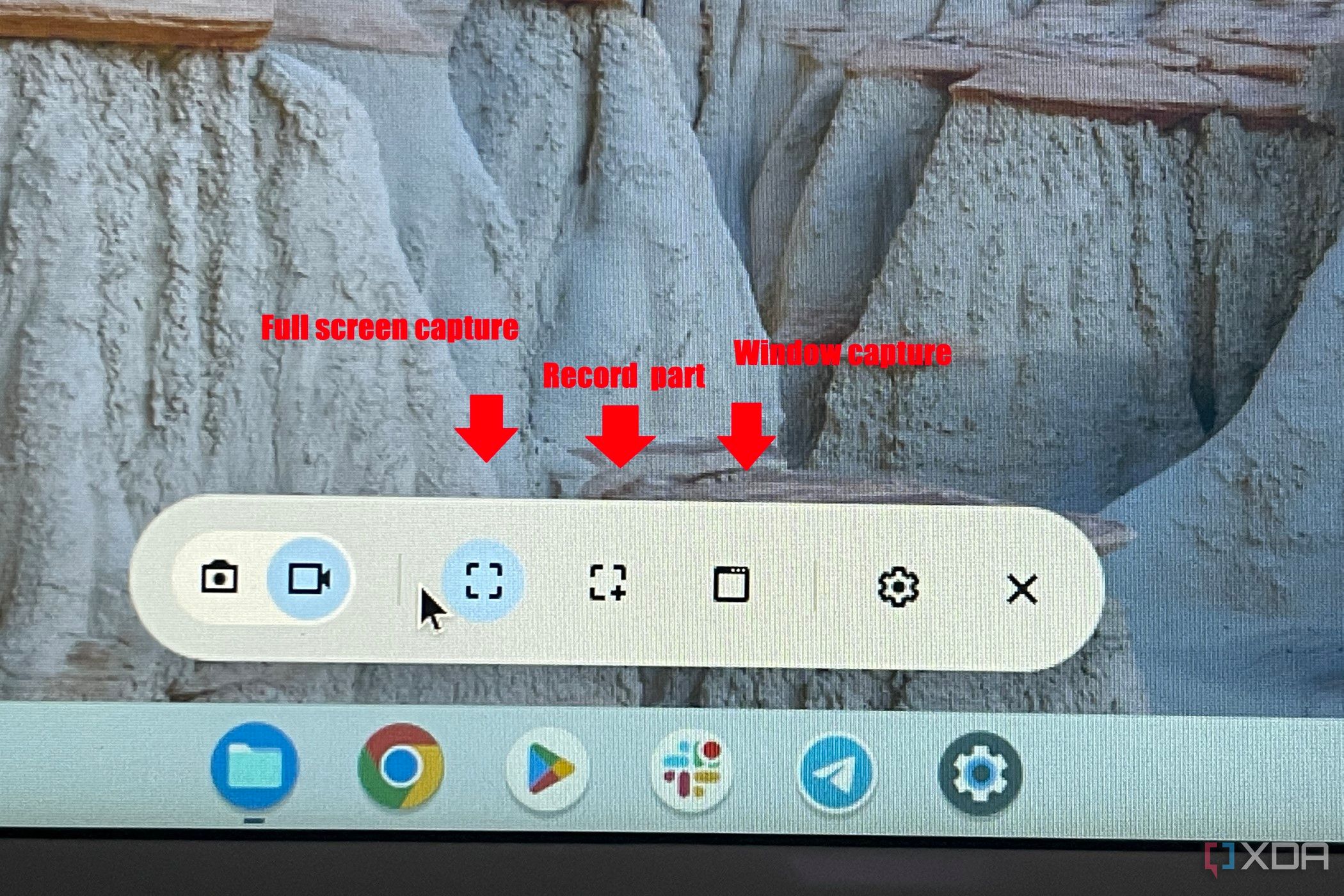 El menú de captura de pantalla en ChromeOS, etiquetado