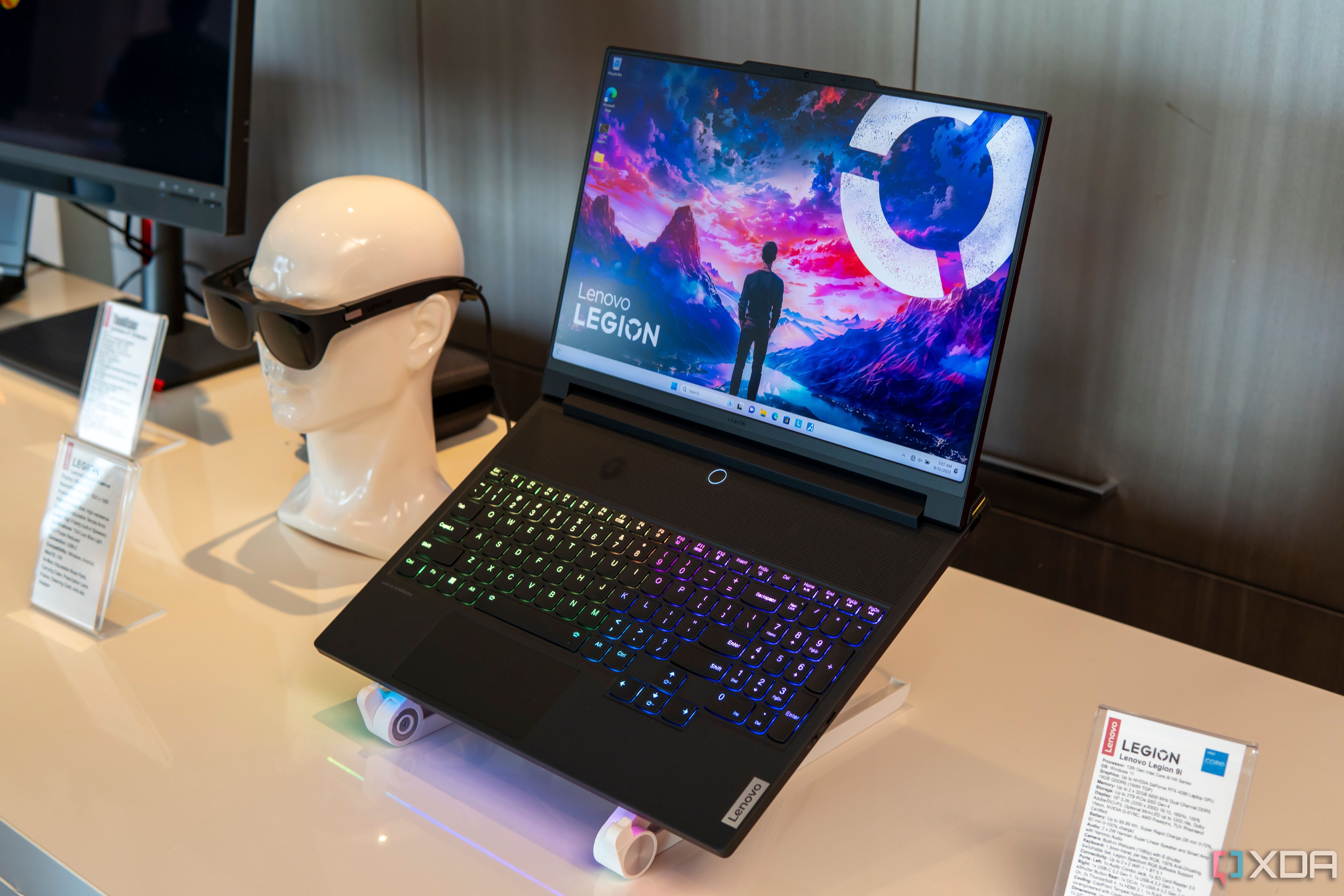 Angled view of the Lenovo Legion 9i gaming laptop showcasing the display ad RGB-backlit keyboards