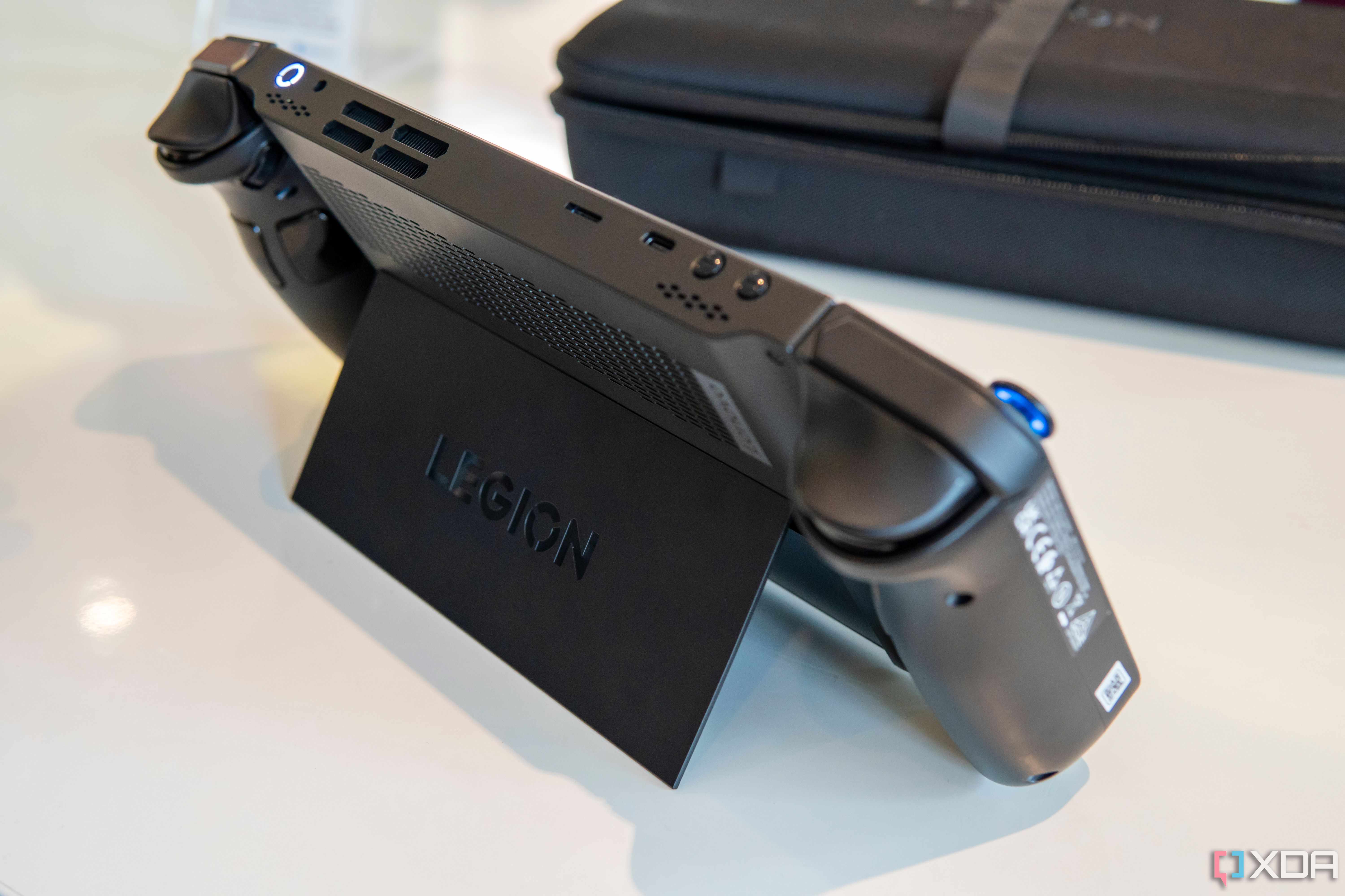 Angled rear view of the Lenovo legion Go with the kickstand deployed