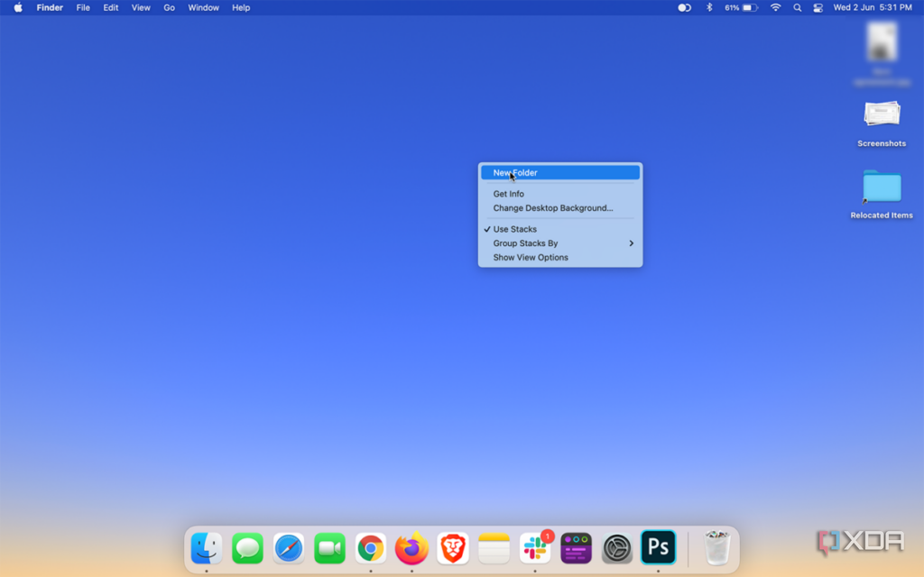 New folder button on macOS desktop