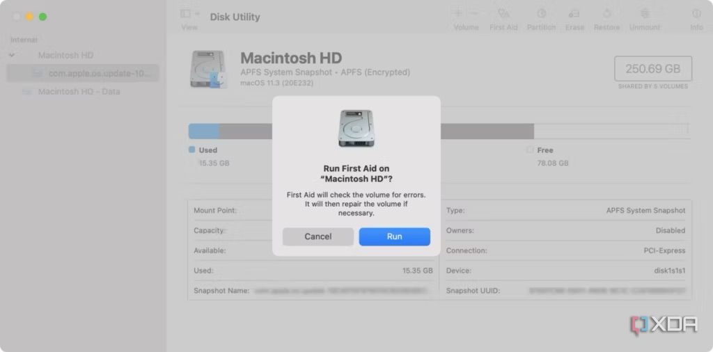 Run First Aid on Macintosh HD prompt in Disk Utility on macOS