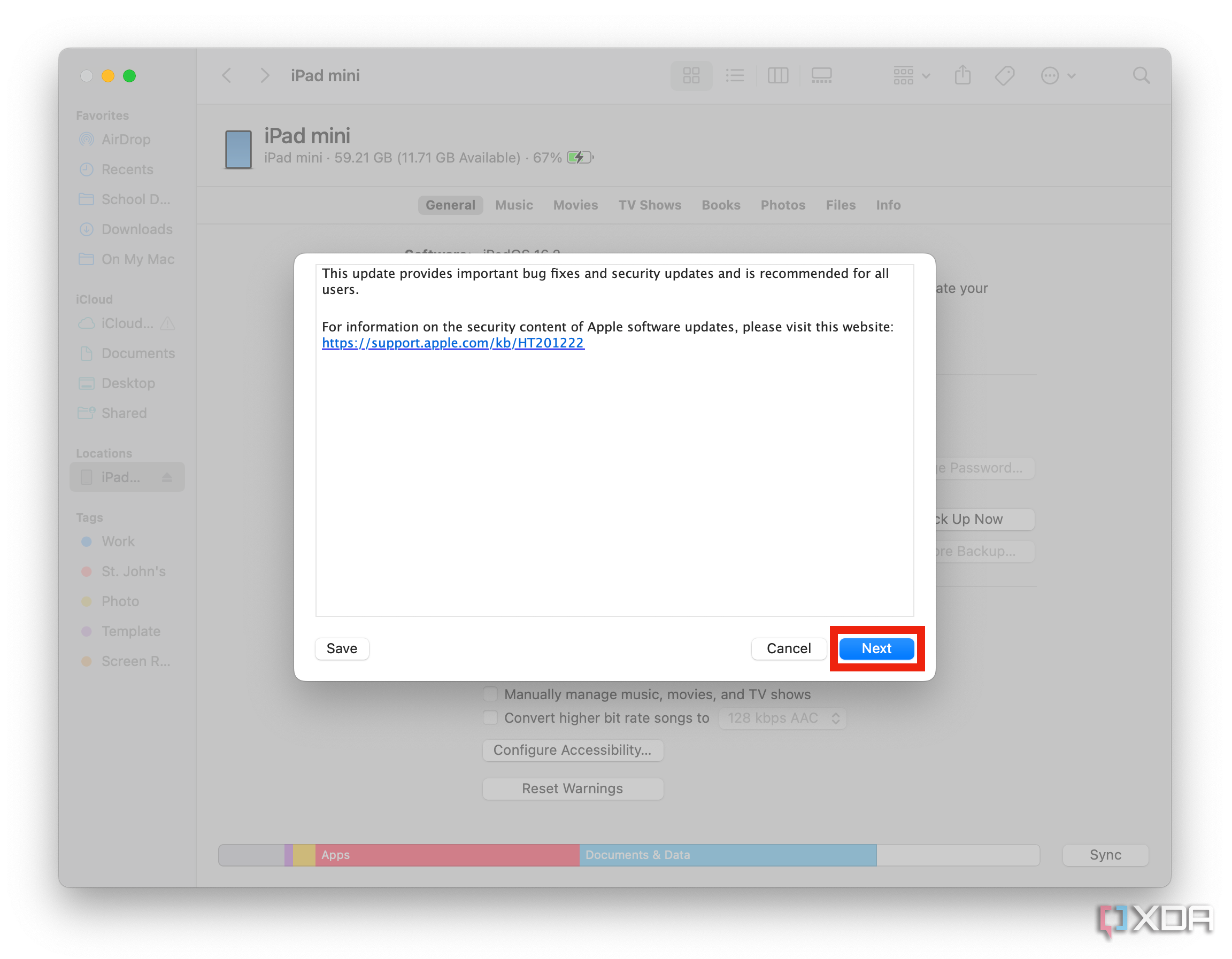 The next button in macOS Finder for a software update.