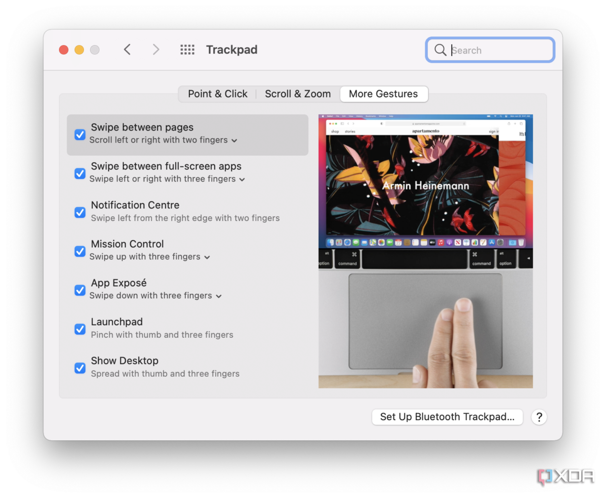 macOS trackpad settings for more gestures
