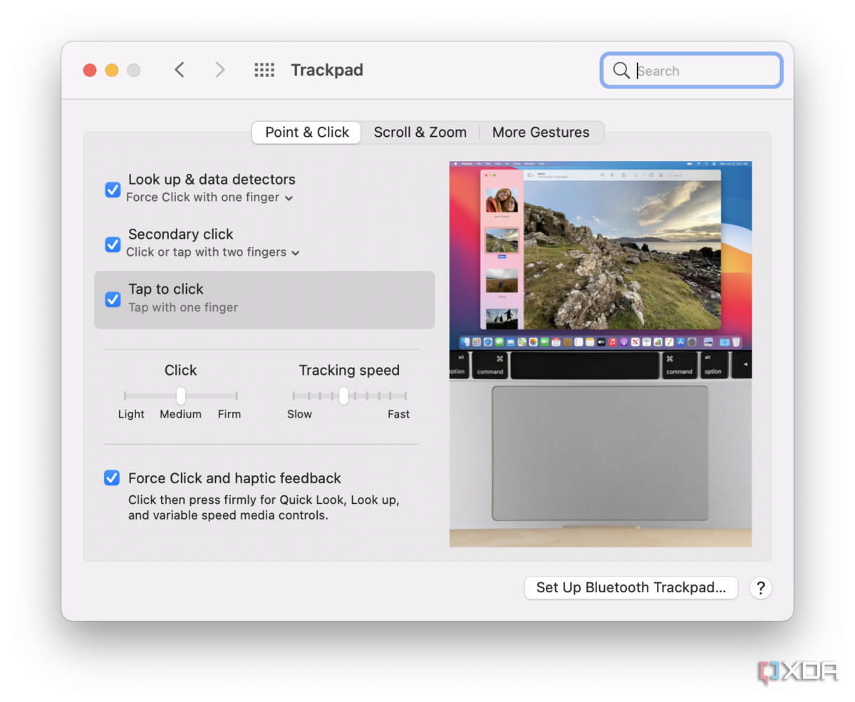 macOS trackpad settings for point and click gestures