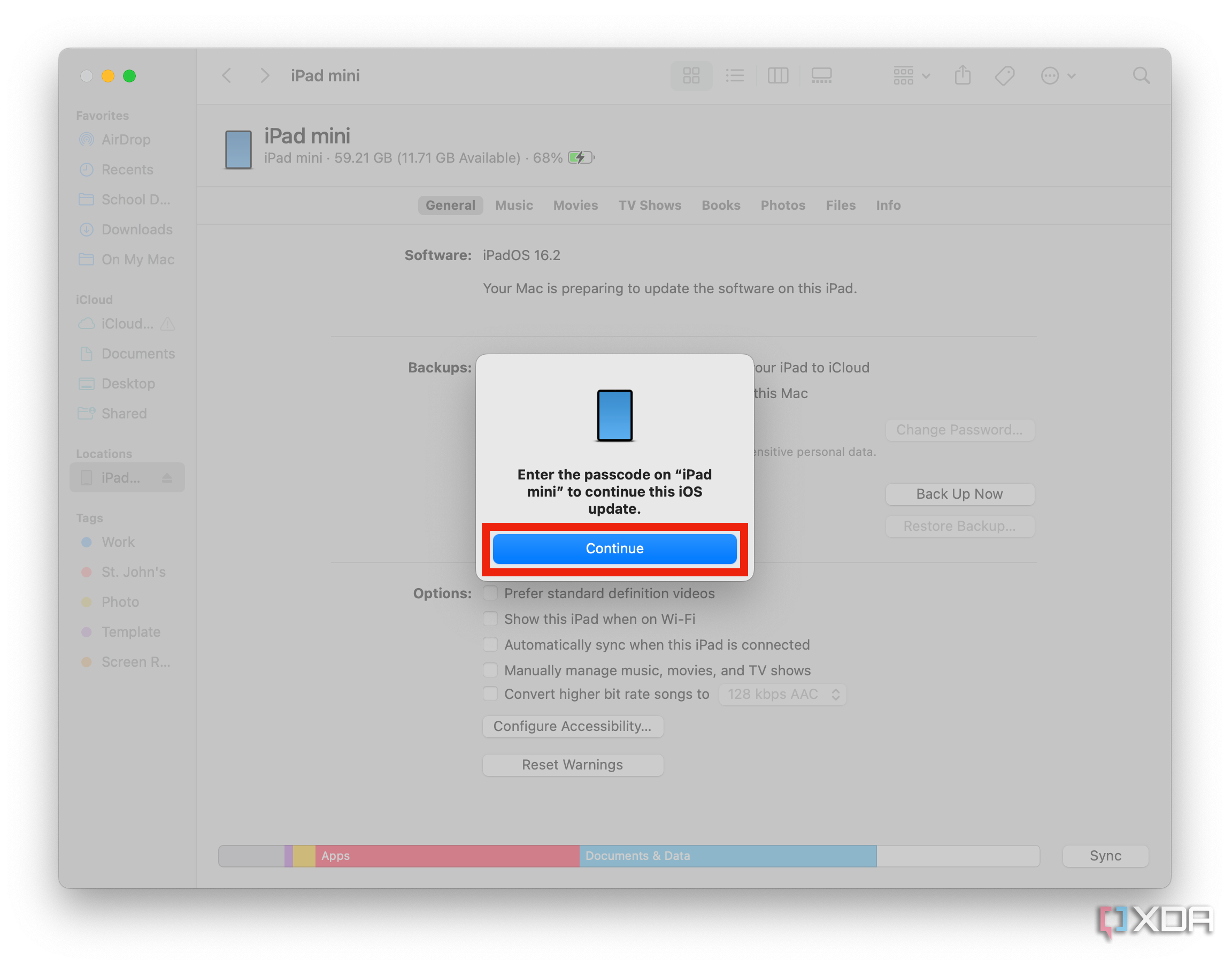 A macOS pop-up instructing users to enter their iOS or iPadOS device password.