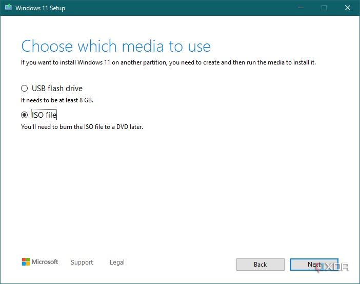 Screenshot of the Media Creation Tool showing the option to choose to create a USB flash drive or an ISO file
