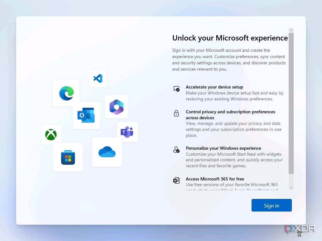 Screenshot of Windows 11 setup asking the user to sign in with a Microsoft account