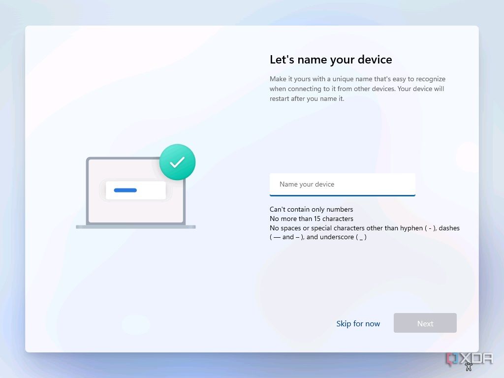 Screenshot of Windows 11 out-of-box experience asking the user to name their device