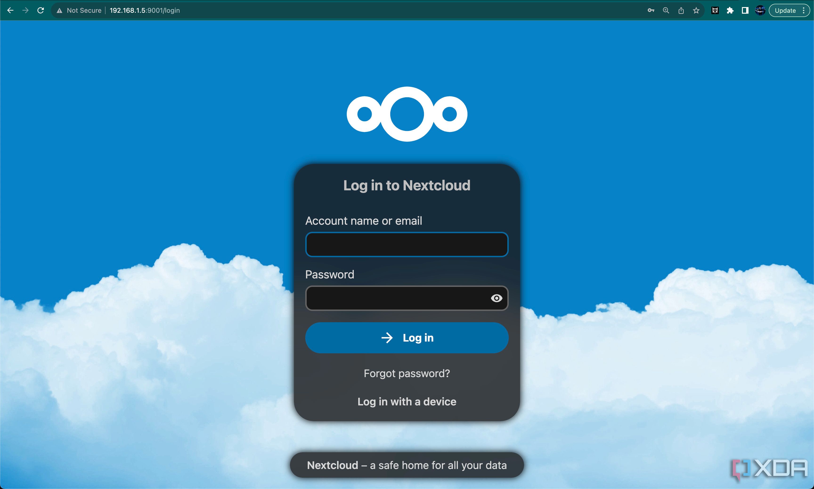 Nextcloud login page with a username and password field.