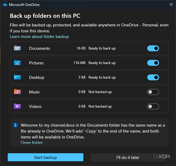 Снимок экрана с настройками резервного копирования OneDrive.
