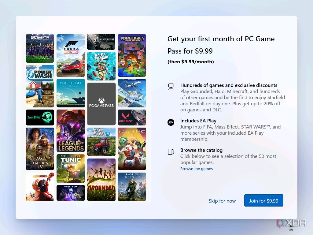 Screenshot of Windows 11 setup offering a PC Game Pass subscription