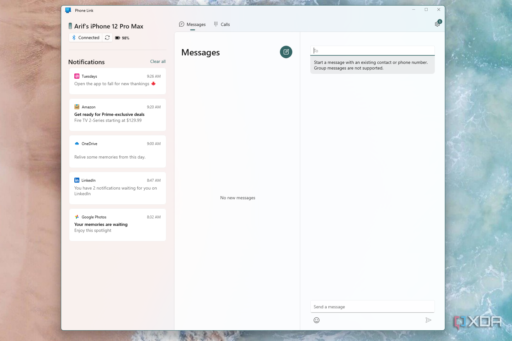 The Phone Link app on Windows 11 showing some notifications from an iPhone and a list of empty messages
