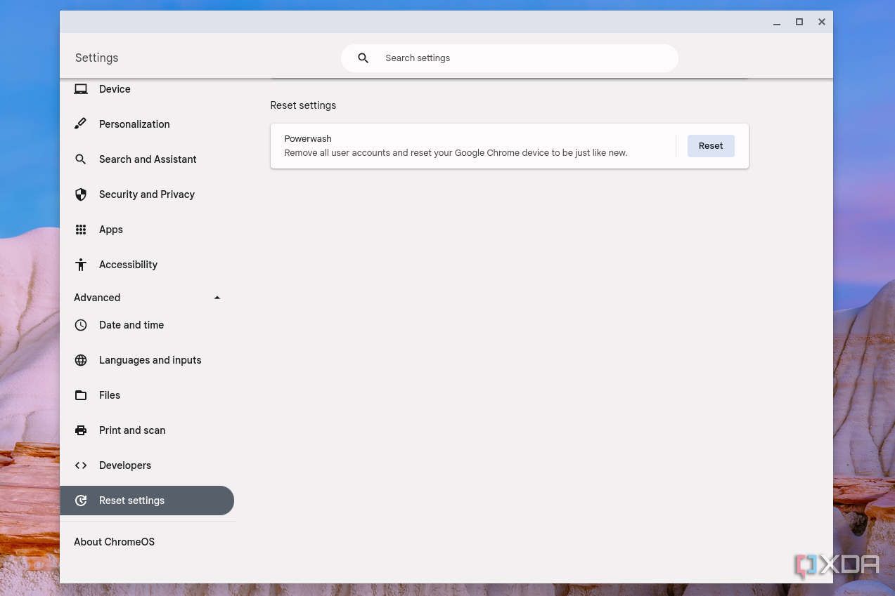 The Reset settings page in ChromeOS showing an option to powerwash